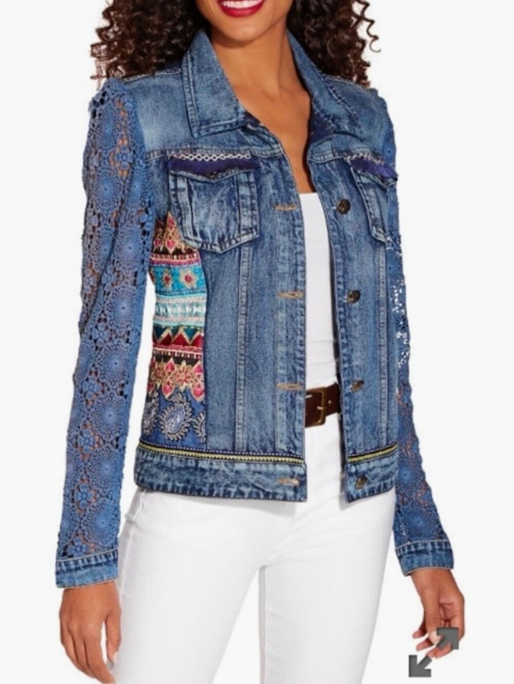 🆕 TESORO MODA BOHO DENIM JACKET WITH CROCHET SLEEVES AND SEQUIN EMBELLISHMENTS